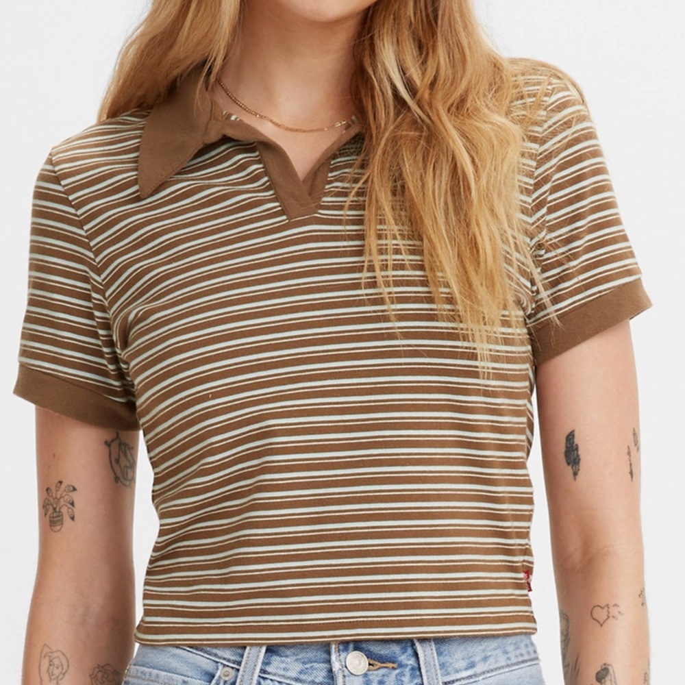 Levis brown polo stripped crop shirt